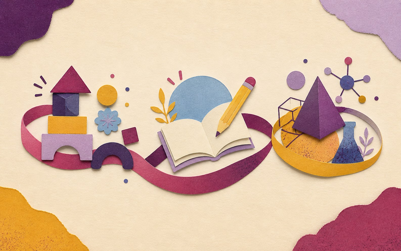 Illustration générée d’un ruban reliant des symboles des trois étapes scolaires